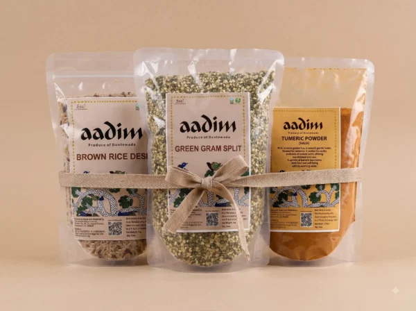 Aadim Everyday Essentials - Organic Brown Rice, Green Gram Split and Turmeric Powder